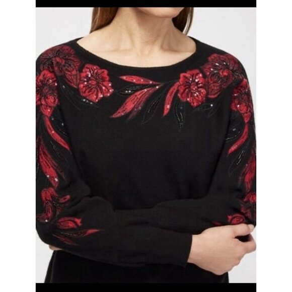 STUNNING Chico's Sweater Black Red Floral Embroidered Christmas Holiday Sz 3 XL‎ - Picture 3 of 16